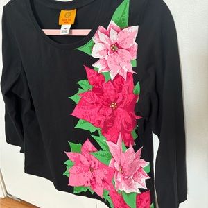 Ruby Rd. Holiday Shirt with red and pink poinsettia’s